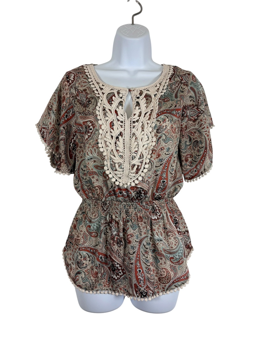 DressBarn Paisley Western Boho Peplum Blouse Crochet Lace Trim Medium